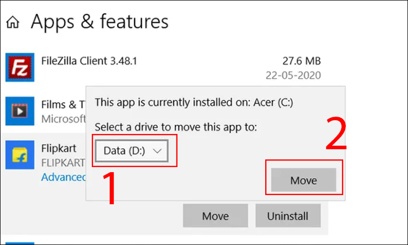 Chọn ổ đĩa cần chuyển v&agrave; nhấn Move lần nữa